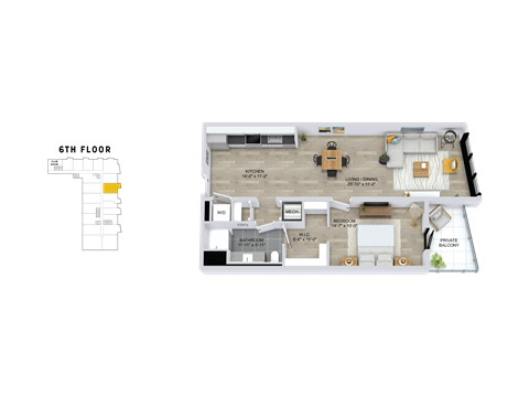 Floor plan for 1 bed, 1 bath, 887 sqft